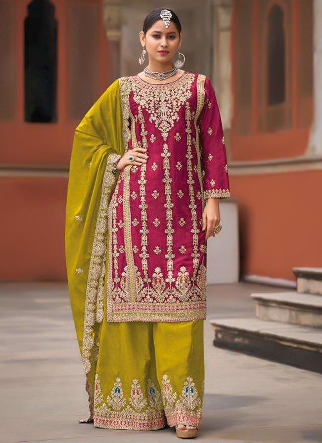 Pure Chinnon Hot Pink Wedding Wear Embroidery Work Readymade Plazzo Suit